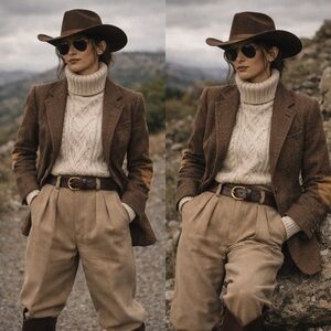 Vintage Polo Ralph Lauren Brown Herringbone Tweed Blazer Suede Elbow Patches XS